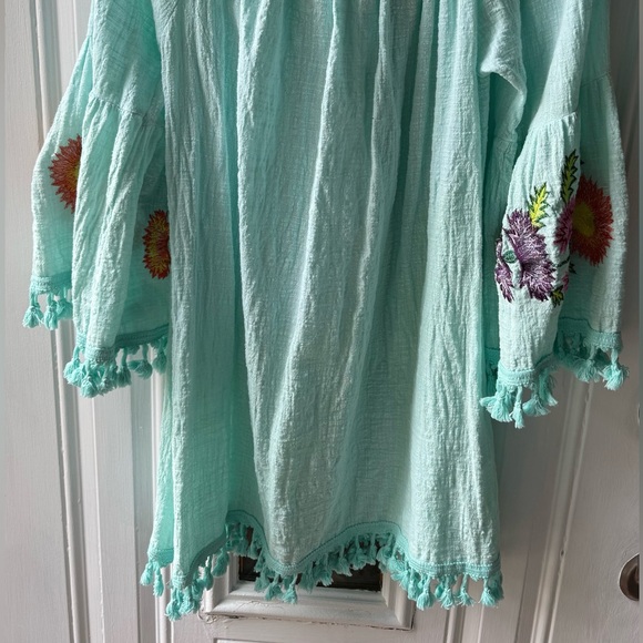 VELZERA Off The Shoulder Embroidered Turquoise Blue Tassel Dress or tunic Sz 1X - Picture 14 of 15